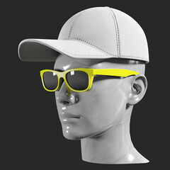 White baseball caps mockup and sunglasses are worn on a marble mannequin, clipping path, 3D render