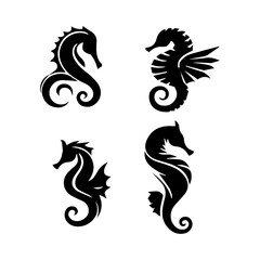 seahorse silhouette set  white and black,  Simple seahorse sea creature illustration