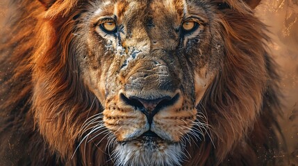 Naklejka premium Male lion from the Kgalagadi desert facial portrait in fine art. Panthera leo. 