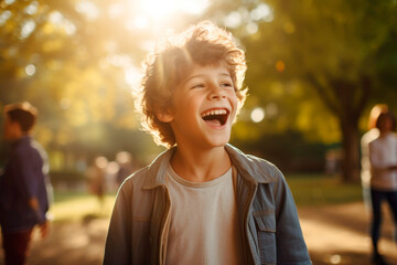 Schoolboy laughing and playing with friends in a park with trees in the background, illuminated by sunlight