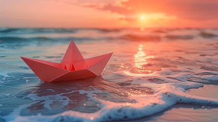 Obraz premium Paper ship floating in the sea, Beautiful waves ripple background. unusual travel concept, Paper boat sailing on blue water surface, Sun set, Copy Space, generative 