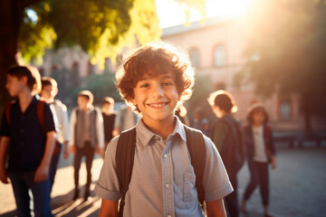 Schoolboy smiling and holding hands with friends in a school yard, illuminated by sunlight, with empty space on the left side