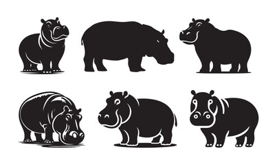 Hippopotamus silhouette set - vector illustration