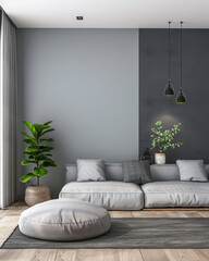 Minimalist room interiors in grey and neutral tones with natural window lighting. Luxury Real Estate interior design composition with copy space.