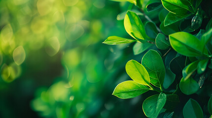 Fresh green leaf and overexposure of sunlight and flare filter on green nature blurred background at public park in morning, greenery season background, close up and selective focus by macro lens
