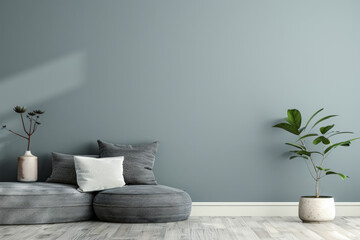 Minimalist room interiors in grey and neutral tones with natural window lighting. Luxury Real Estate interior design composition with copy space.