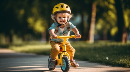 Young boy in helmet learning to ride a bicycle in a colorful and lively park environment