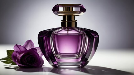 a beutiful purple perfume bottle on white table and plain background with dramatic lighting