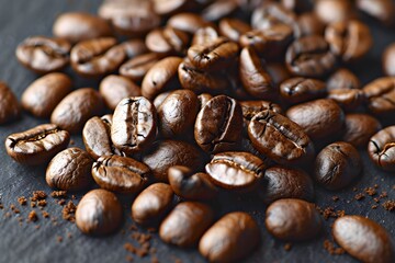 Fototapeta premium Aromatic Coffee Beans on a Dark Surface Perfect for Cafes, Menus, and Kitchen Decor