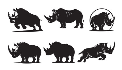 Vector collection: isolated rhinoceros' silhouette in black.
