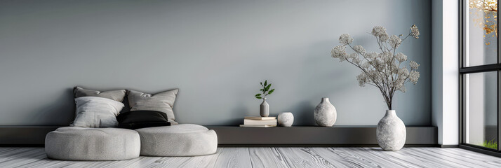 Minimalist room interiors in grey and neutral tones with natural window lighting. Luxury Real Estate interior design composition with copy space.