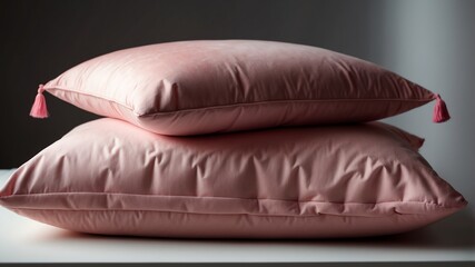 stack of pink pillow on white table and plain background with dramatic lighting