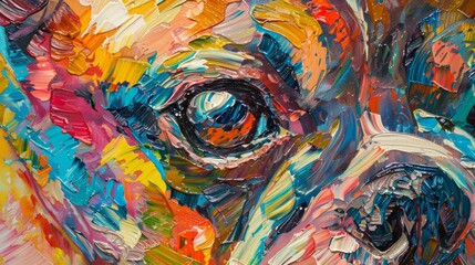 Oil dog portrait painting in colorful painting tones. Conceptual abstract painting of a french bulldog eye.