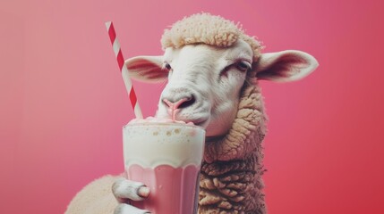 Sheep holding a vegan milkshake, hyper realistic, popart style concept.