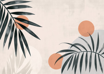 Modern boho flat illustration of abstract minimalistic design with leaves and copy space. Botanical wall art in cafe. Trendy collection for design print, banner, cover, wallpaper.	
