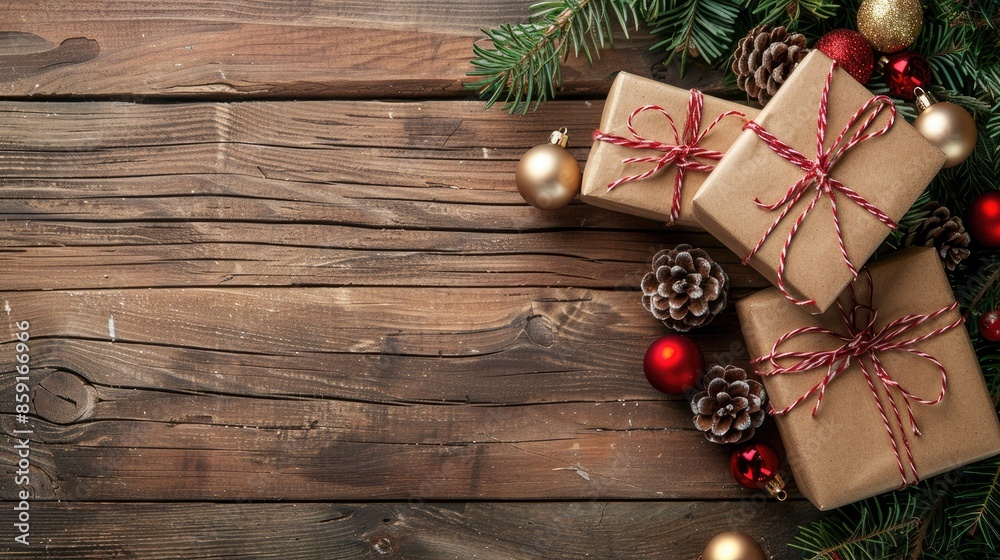 Poster christmas gift boxes displayed on a wooden background