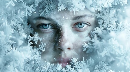 A woman's face intertwined with a snowy landscape on a grey background.