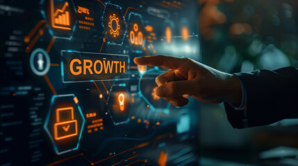 Corporate executive pointing at a glowing virtual display with 'Growth Strategy' text, Digital icons representing financial growth