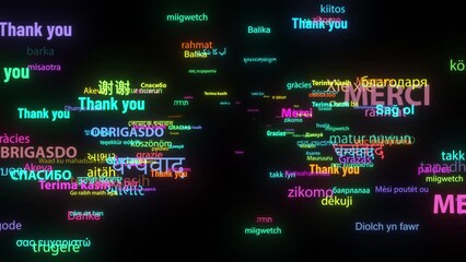 Thank you in Different Kind of Languages Word Animation, Flying through Elements, Computer Generated, 4K. Gratitude, thankfulness, thanksgiving, or gratefulness, gratitude from the whole world