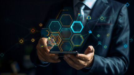 A suit presenting a glowing digital interface with 'Strategy' text, interconnected icons for planning