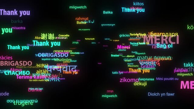 Thank you in Different Kind of Languages Word Animation, Flying through Elements, Computer Generated, 4K. Gratitude, thankfulness, thanksgiving, or gratefulness, gratitude from the whole world