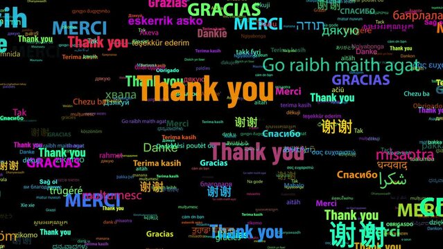 Thank you in Different Kind of Languages Word Animation, Flying through Elements, Computer Generated, 4K. Gratitude, thankfulness, thanksgiving, or gratefulness, gratitude from the whole world