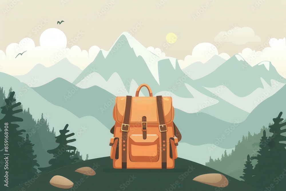 Poster a stylized illustration of a leather backpack sitting in front of a minimalist mountain range. the c
