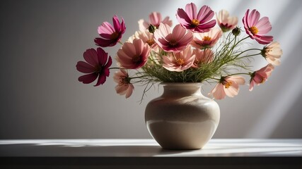 vase with cosmos flowers on white table and plain background with dramatic lighting
