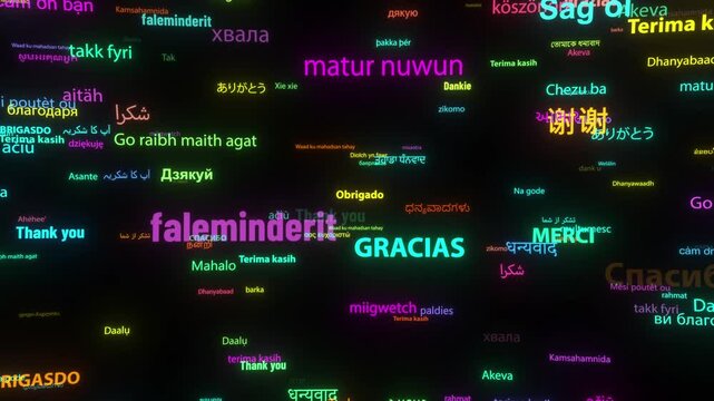Thank you in Different Kind of Languages Word Animation, Flying through Elements, Computer Generated, 4K. Gratitude, thankfulness, thanksgiving, or gratefulness, gratitude from the whole world