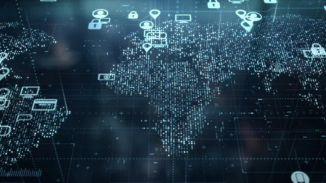 Digital world map with users worldwide connection. Global social media network and web 3.0 communication. Abstract background. Banking payment and blockchain technology concept. Internet vpn location