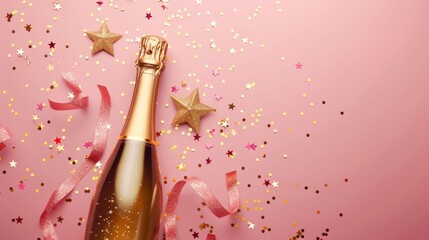 Fototapeta premium celebration background with golden champagne bottle surrounded by confetti stars and party streamers on white surface, ideal for christmas, birthday, or wedding festivities - festive flat lay composit