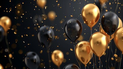 Festive birthday celebration background with gold balloons and colorful confetti for vibrant party atmosphere and joyful occasions