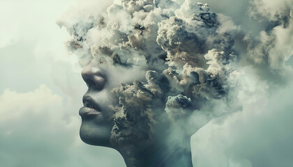 Stressed businessman with dark cloud and double exposure sunrise sky, hope and business problems concept
