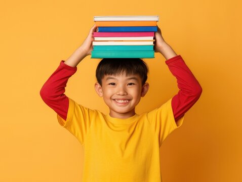 Smiling Child Balancing Colorful Books on Head Against Yellow Background