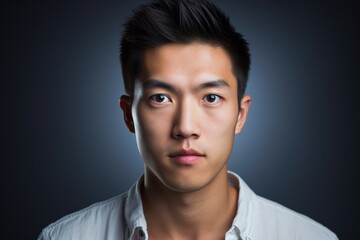 A man with short hair and a white shirt is looking at the camera