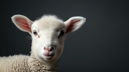 Fototapeta premium White lamb isolated on dark surface with room for text Close up of young sheep staring at lens