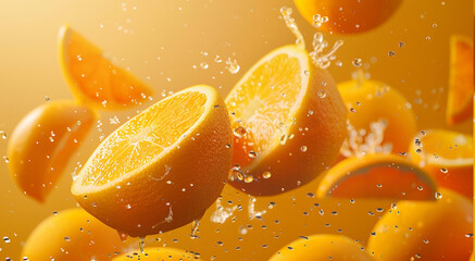 falling oranges, orange background, clean composition 