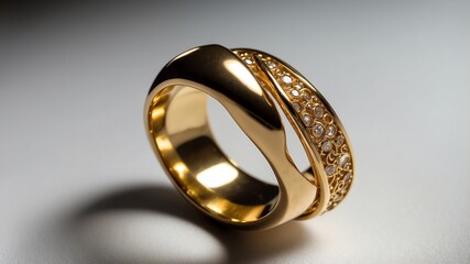 a gold ring on white table and plain background with dramatic lighting