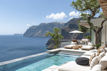 Fototapeta premium Modern villa interior in Santorini with minimalist design, featuring marble textures, bright natural light, soft shadows, and cool blue tones for a serene, clutter-free, and sophisticated living space
