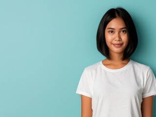 Fototapeta premium Confident Asian Young Woman in Casual White Tee on Turquoise Background