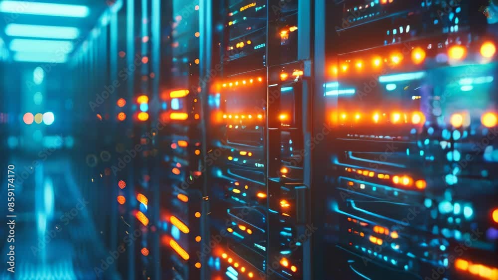 Poster data center with a row of computer servers. abstract generic concept of cyberspace, communication an