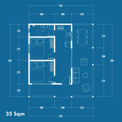Floor plan blueprint type 35 sqm, Figure of the jotting sketch of the construction and the industrial skeleton of the structure and dimensions. vector eps 10