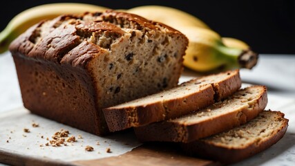 banana bread on white table and plain background with dramatic lighting