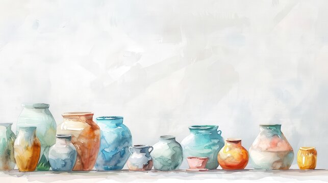 Colorful watercolor painted pottery vases lined up against a minimalist background. Perfect for art, home decor, and creative design ideas.