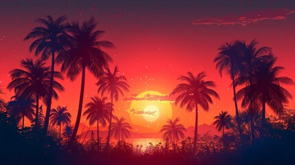 Obraz premium Silhouettes of Palm Trees Against a Vivid Sunset