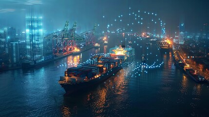 A smart cargo ship sailing through a modern harbor, equipped with digital connectivity systems, symbolizing the evolution of maritime transport and advanced logistics solutions.