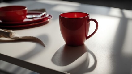 red mug on white table and plain background with dramatic lighting
