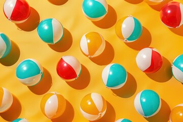 Colorful beach balls on yellow background top view summer vacation concept flat lay beauty and fun theme