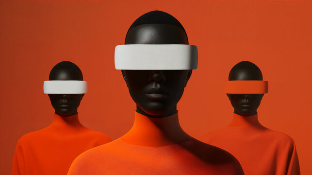 Three models in vibrant futuristic attire on orange backdrop. Generative AI image
