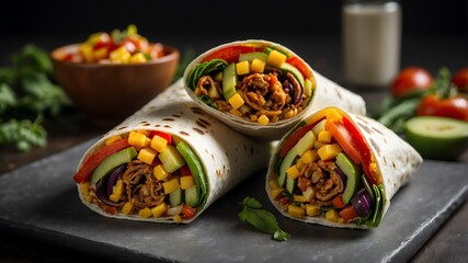 southwest veggie wrap on white table and plain background with dramatic lighting